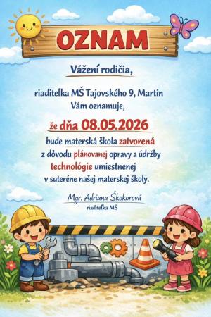 Informácia o zatvorení MŠ dňa 8 mája